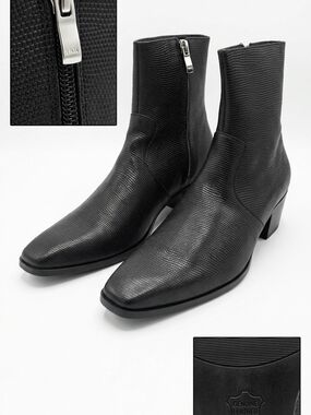 Men's Black Textured Leather Zip Ankle Boots